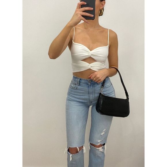 NWT White Crop Top with Front Twist Cut Out - Picture 2 of 5